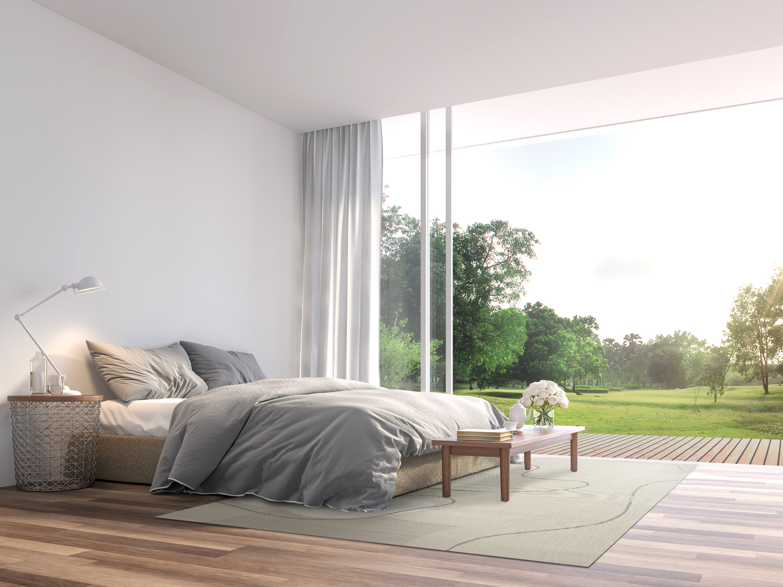Modern,Bedroom,3d,Render.the,Rooms,Have,Wooden,Floors,,decorate,With